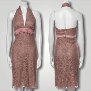 COLLETTE DINNIGAN BOHO LACE HALTER BOW DRESS MAUVE PINK SMALL